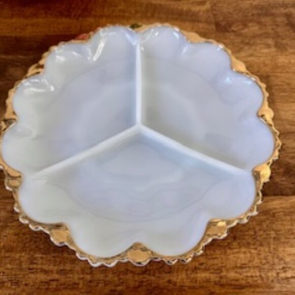 Milk Glass Divided Dish Gold Trimmed Scalloped Edge Vintage Midcentury Serving - Picture 5 of 5